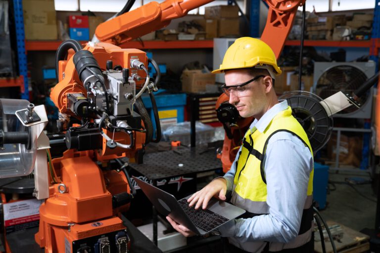 Engineer in factory using tablet computer working on welding robotic arm programming testing